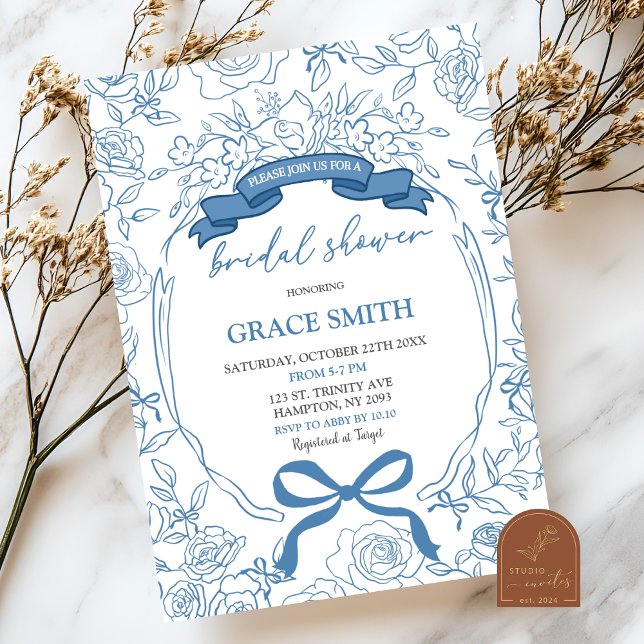 Invitación Blue Chinoiserie Bow Floral Bridal Shower (Subido por el creador)