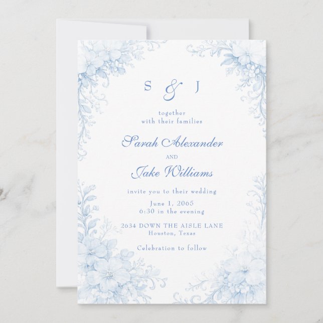 Invitación Blue Chinoiserie Floral Wedding (Anverso)