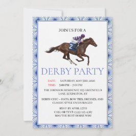 Invitación Blue Chinoiserie Horse Race Derby Party Invite