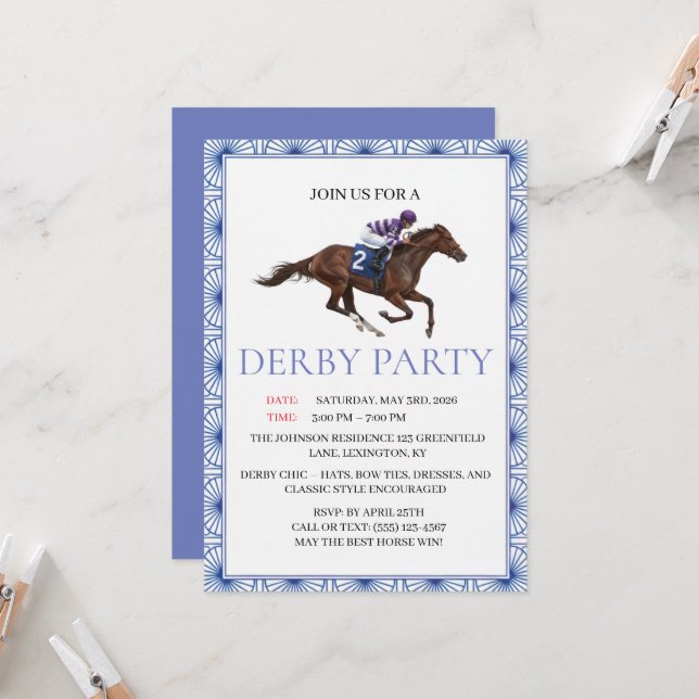 Invitación Blue Chinoiserie Horse Race Derby Party Invite (Anverso/Reverso In Situ)