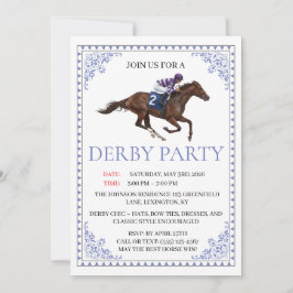 Invitación Blue Chinoiserie Horse Race Derby Party Invite