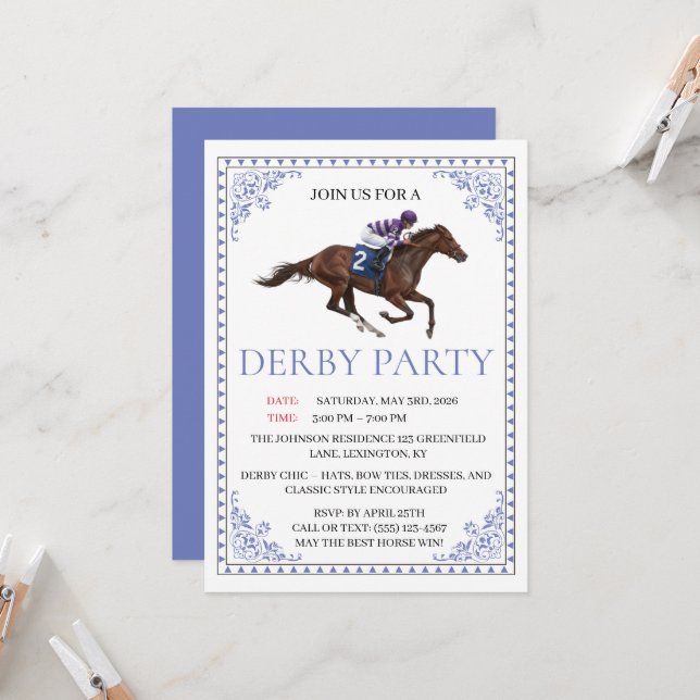 Invitación Blue Chinoiserie Horse Race Derby Party Invite (Anverso/Reverso In Situ)