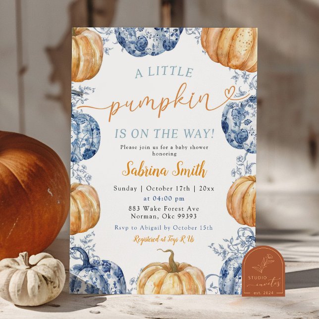 Invitación Blue Chinoiserie Naranja Pumpkin Baby Shower (Subido por el creador)