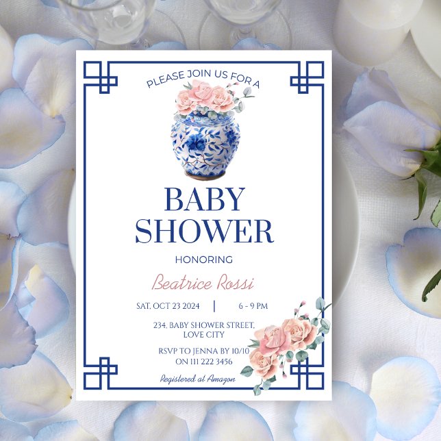 Invitación Blue Chinoiserie Preppy Ginger Jar Baby Shower (Blue Chinoiserie Preppy Ginger Jar Baby Shower Invitation)