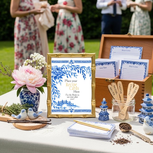 Invitación Blue Chinoiserie Recipe Cards Here Sign (Blue Chinoiserie Recipe Cards Here Sign)
