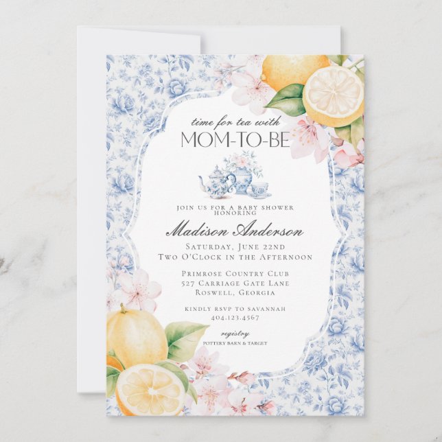 Invitación Blue Chinoiserie Tea Fiesta Baby Shower (Anverso)