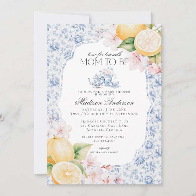 Invitación Blue Chinoiserie Tea Fiesta Baby Shower Toile (Anverso)