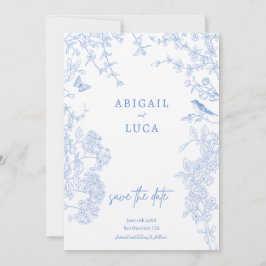Invitación Blue Chinoiserie Toile de Jouy Boda Guardar fecha 