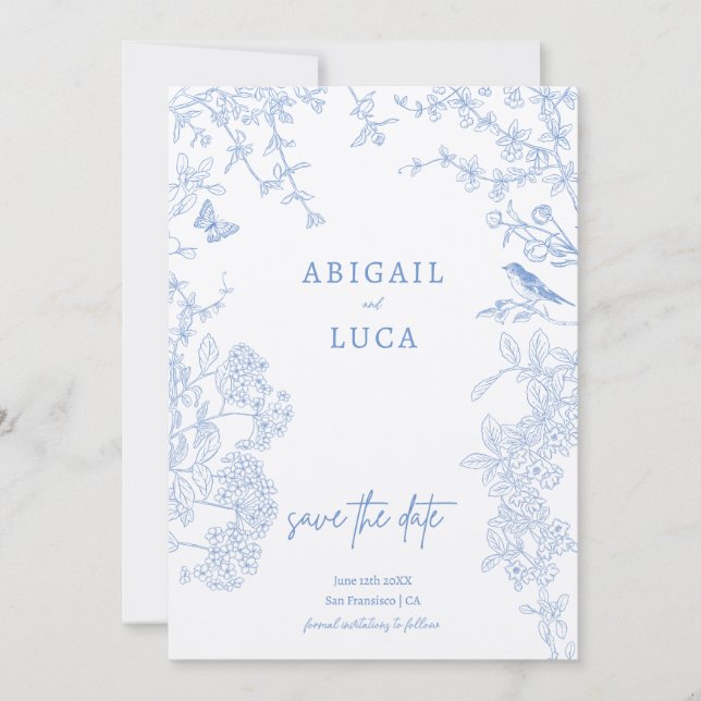 Invitación Blue Chinoiserie Toile de Jouy Boda Guardar fecha  (Anverso)