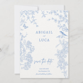 Invitación Blue Chinoiserie Toile de Jouy Boda Guardar fecha 