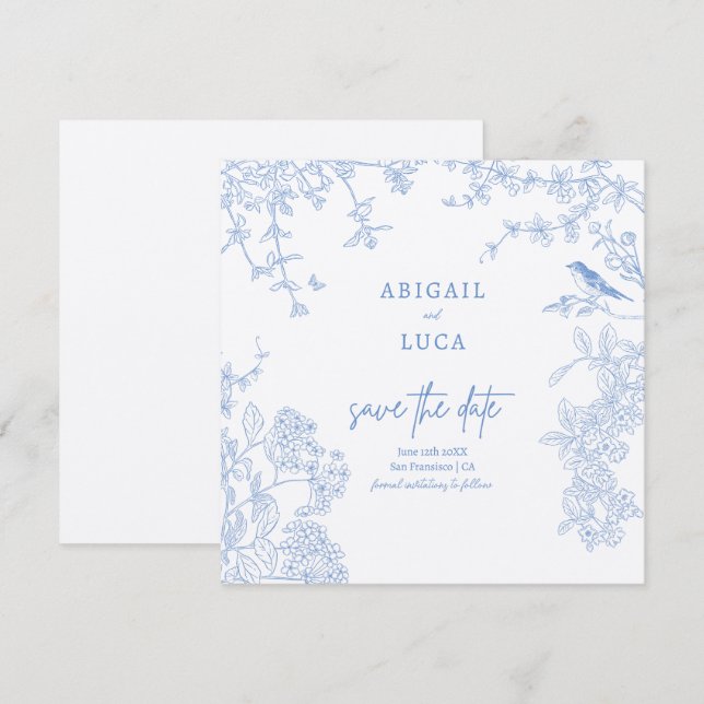 Invitación Blue Chinoiserie Toile de Jouy Boda Save Date (Anverso / Reverso)