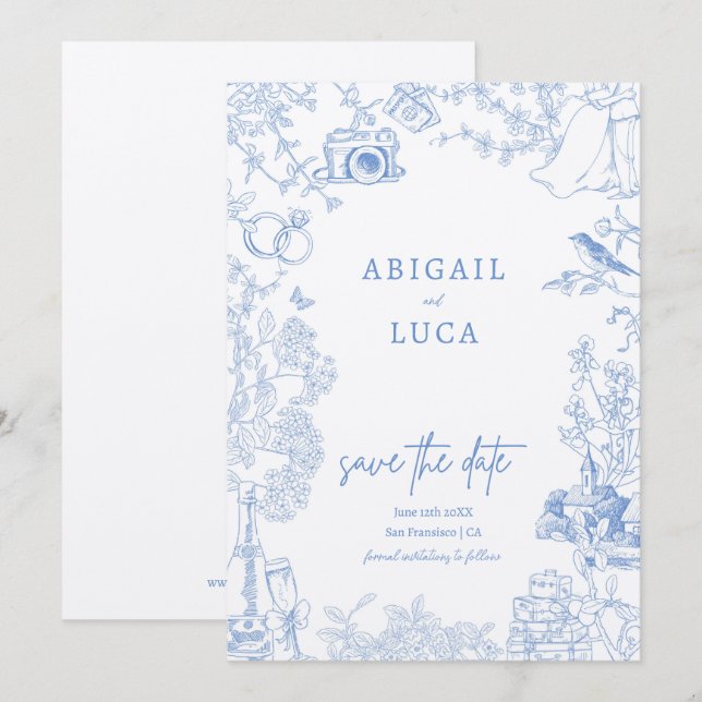 Invitación Blue Chinoiserie Toile de Jouy Boda Save Date (Anverso / Reverso)