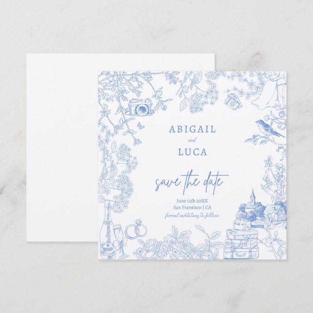 Invitación Blue Chinoiserie Toile de Jouy Boda Save Date (Anverso / Reverso)