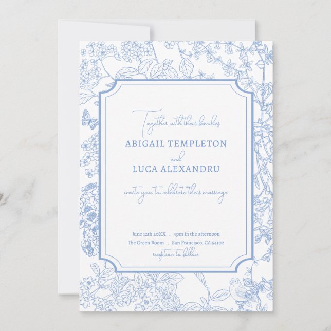 Invitación Blue Chinoiserie Toile de Jouy Boda Save Date (Anverso)