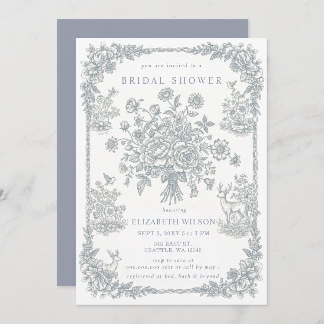 Invitación Blue Chinoiserie Toile Floral Bridal Shower (Anverso / Reverso)
