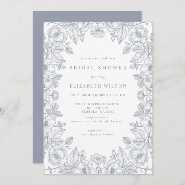 Invitación Blue Chinoiserie Toile Floral Bridal Shower (Anverso / Reverso)