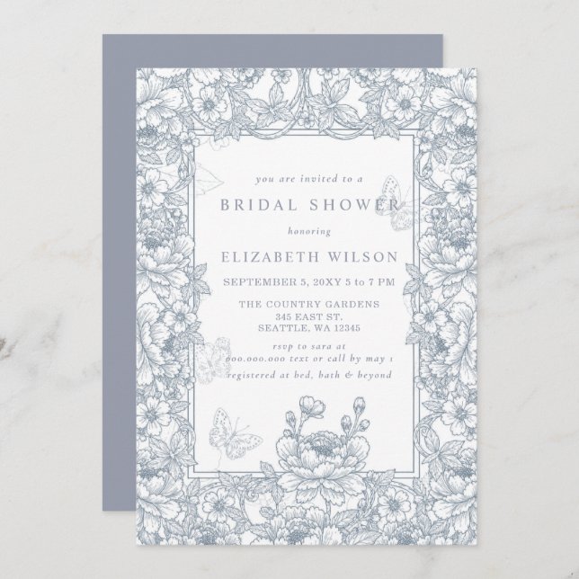 Invitación Blue Chinoiserie Toile Floral Bridal Shower (Anverso / Reverso)