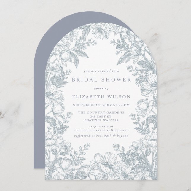 Invitación Blue Chinoiserie Toile Floral Bridal Shower (Anverso / Reverso)