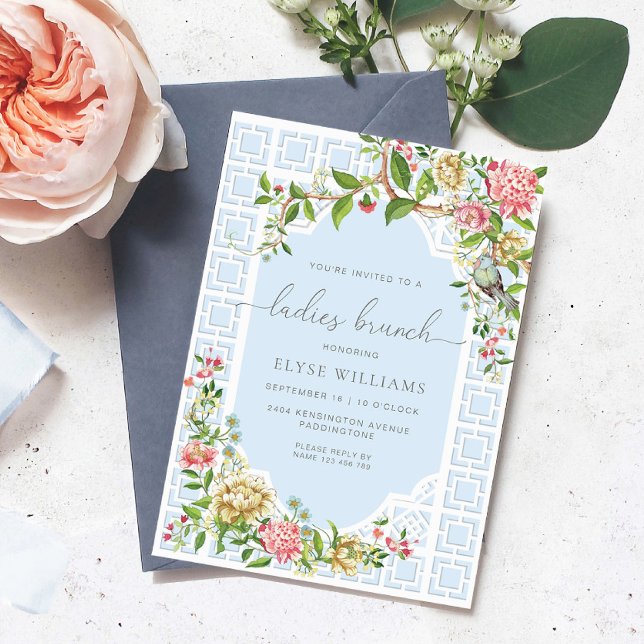 Invitación Blue Chinoiserie Trianon Ladies Brunch (Ladies Brunch Invitation Trianon Blue )