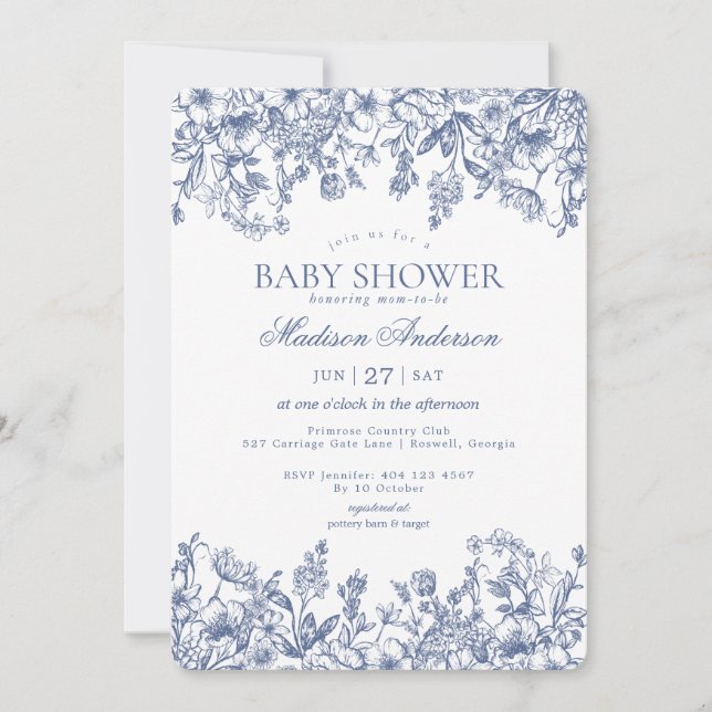 Invitación Blue Chinoiserie Vintage Floral Baby Shower (Anverso)