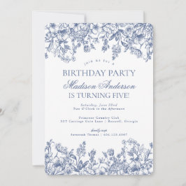Invitación Blue Chinoiserie Vintage Floral Birday Party