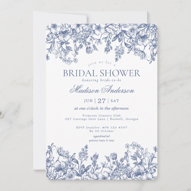 Invitación Blue Chinoiserie Vintage Floral Bridal Shower (Anverso)