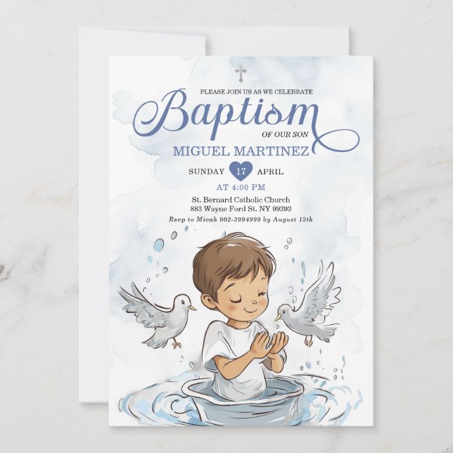 Invitación Blue Christening Dove Cute Boy Orando Bautismo (Anverso)