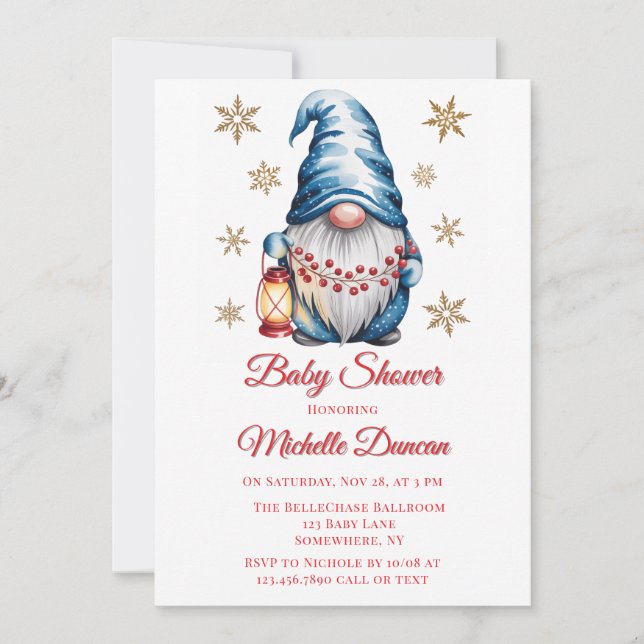 Invitación Blue Christmas Gnome Baby Shower (Anverso)