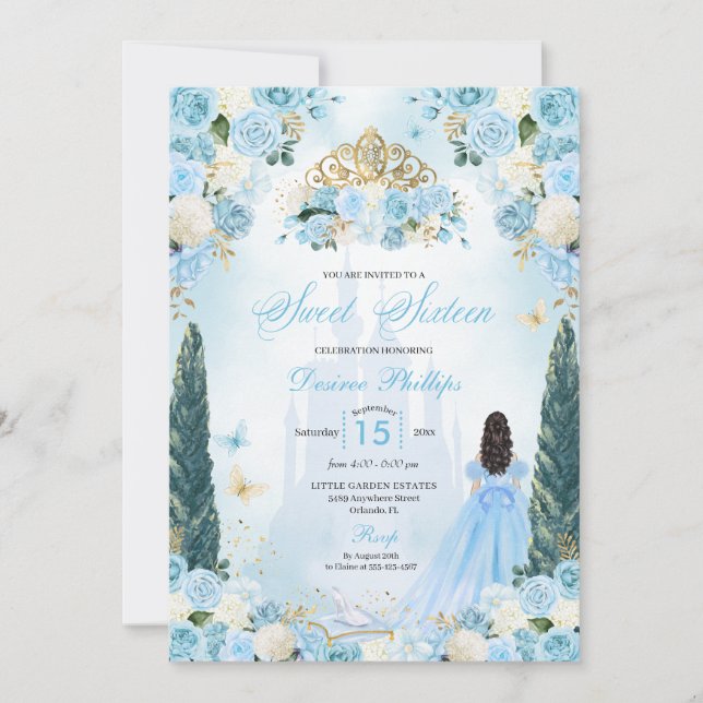 Invitación Blue Cinderella Fairytale Princesa Dulce (Anverso)
