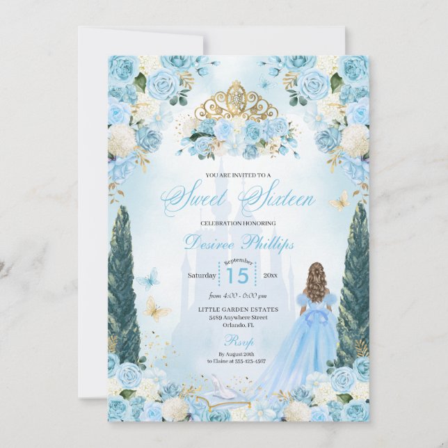Invitación Blue Cinderella Fairytale Princesa Dulce (Anverso)