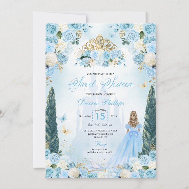 Invitación Blue Cinderella Fairytale Princesa Dulce (Anverso)