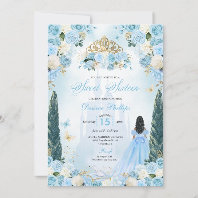 Invitación Blue Cinderella Fairytale Princesa Dulce (Anverso)