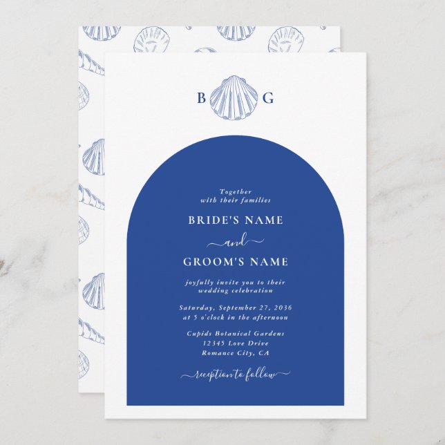 Invitación Blue Clam Seashells Coastal Seaside Beach Wedding (Anverso / Reverso)