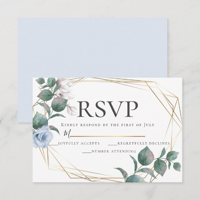 Invitación Blue claro y Rubor Peony Magnolia Wedding RSVP (Anverso / Reverso)