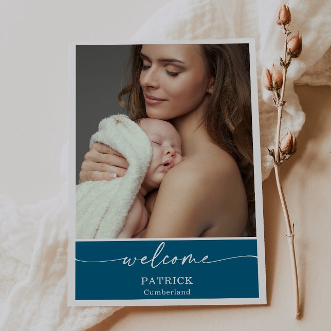 Invitación  Blue Classic Welcome Baby Photo Announcement Card (Subido por el creador)