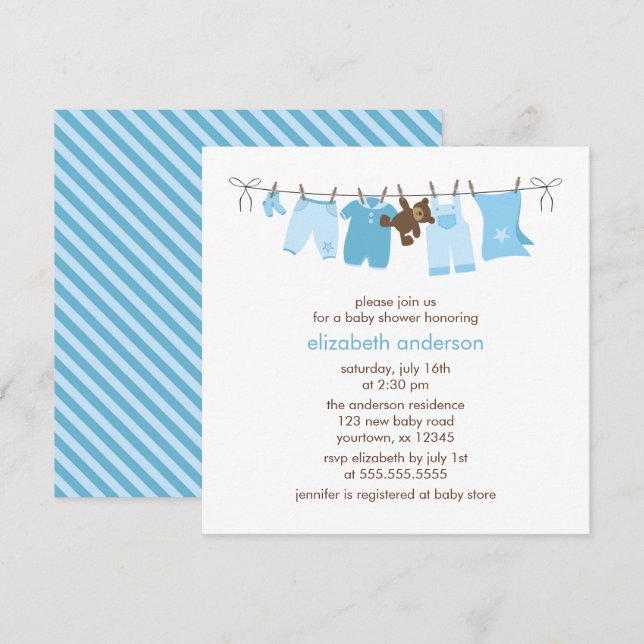 Invitación Blue Clothesline Boy Baby Shower (Anverso / Reverso)