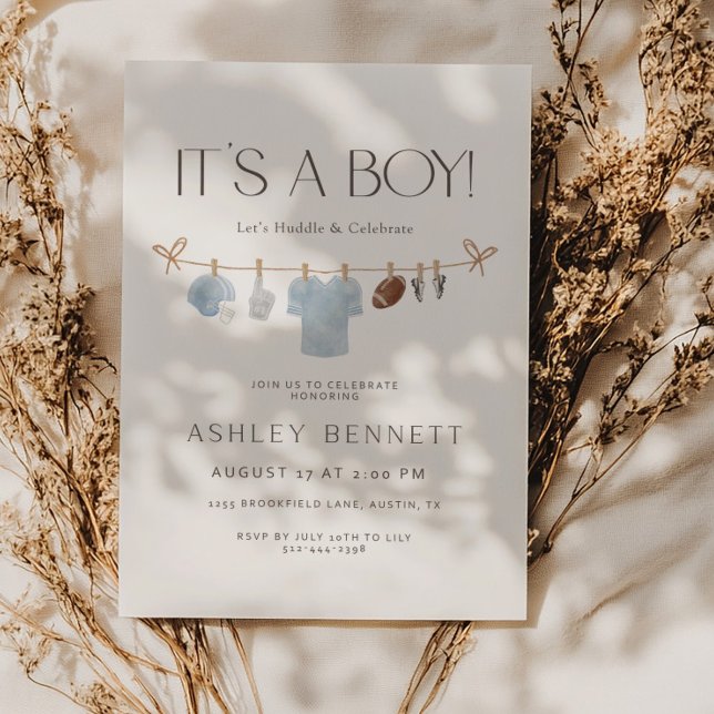 Invitación Blue Clothesline It’s a Boy Football Baby Shower (Subido por el creador)