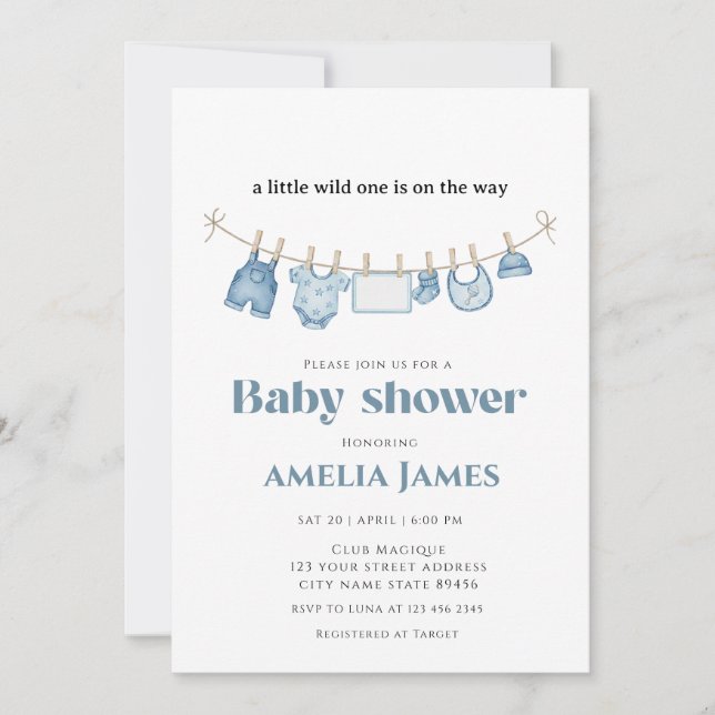 Invitación Blue ClothestLine Baby Shower de un niño (Anverso)