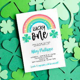 Invitación Blue Clover & Rainbow Lucky One First Birday