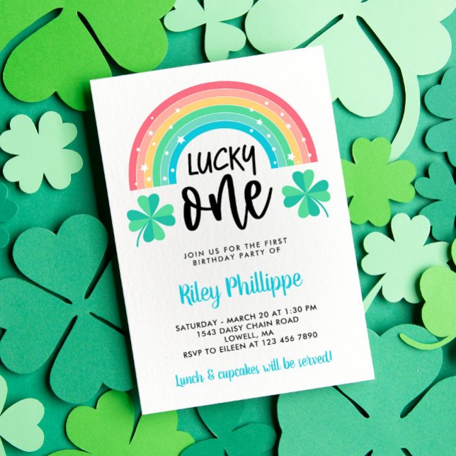 Invitación Blue Clover & Rainbow Lucky One First Birday (Subido por el creador)