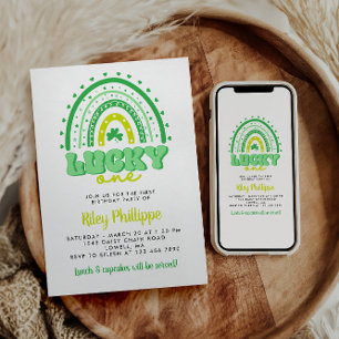 Invitación Blue Clover & Rainbow Lucky One First Birday