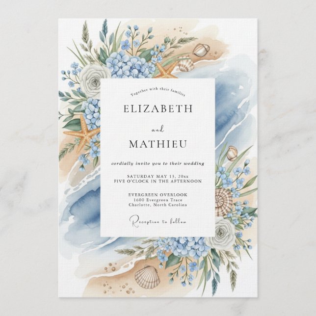 Invitación Blue Coastal Bloom Beach Wedding (Anverso)