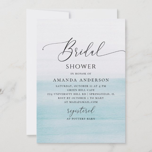 Invitación Blue Coastal Bridal Shower | Watercolor Beach (Anverso)