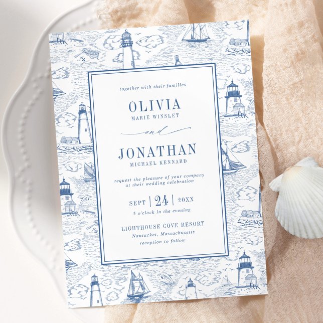 Invitación Blue Coastal Chic Lighthouse Toile Wedding (Subido por el creador)