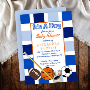 Invitación Blue Color Block Sports es un chico Baby Shower