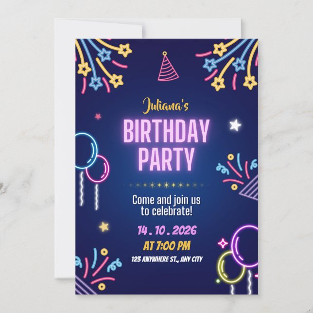 Invitación Blue Colorful Neon Birthday Party Invitation (Anverso)