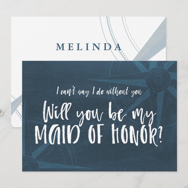 Invitación Blue Compass Nautical Will You be my Maid of Honor (Anverso / Reverso)