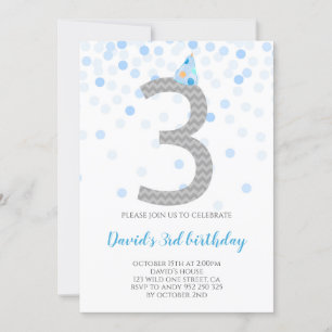 Invitación Blue Confetti Boy Fiesta tercer cumpleaños