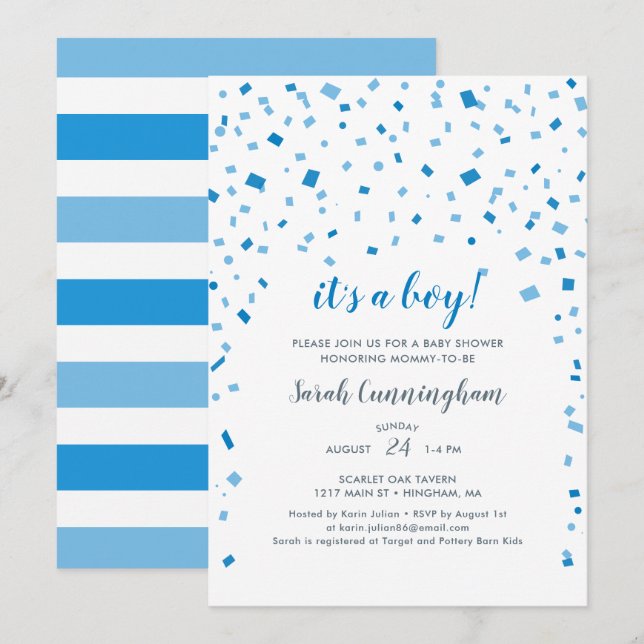 Invitación Blue Confetti It's a Boy Baby Shower (Anverso / Reverso)