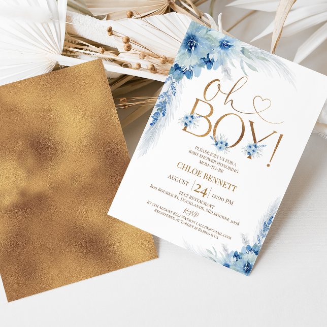 Invitación Blue Copper Boho Pampas Grass Oh Boy Baby Shower (Sweet oh boy baby shower invitation featuring some blue boho floral arrangement and faux copper foil)